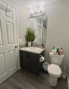 a bathroom with a toilet and a sink and a mirror at Cozy Newly Built and Cheerful 1-Bedroom Suite in Calgary