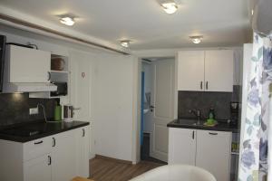 eine Küche mit weißen Schränken und schwarzen Arbeitsplatten in der Unterkunft The Blue House in Erlangen