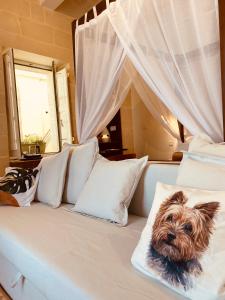 a small dog sitting on a bed with pillows at Casa Maria Tereza in Cospicua