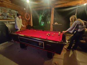 two people playing pool in a room with a pool table at Ecolodge prive sauna, prachtige tuin, jacuzzi en warm zwembad in Tilburg