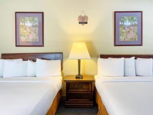 una camera d'albergo con due letti e un tavolo con una lampada di Traveler's Inn a Eureka Springs