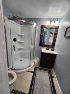 a bathroom with a shower and a toilet and a sink at Lovely One Bedroom home/ guest house in Lakeland