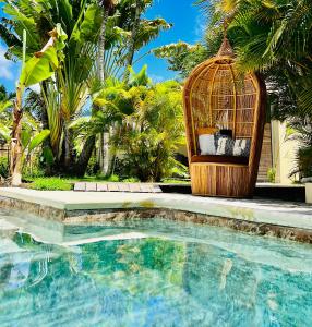 uma gaiola de pássaros sentada ao lado de uma piscina em Île tropical lodges em Sainte-Anne