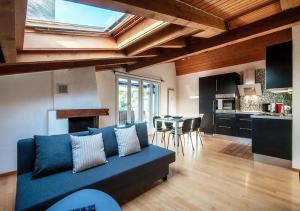un soggiorno con divano blu e una cucina di Casa Rogoria - Intimo rifugio con terrazza e caminetto ad Astano