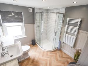 un bagno con doccia, WC e lavandino di Printers Cottage ad Alford Altre 18 foto