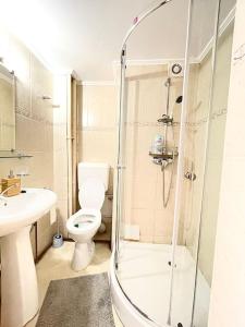 een badkamer met een douche, een toilet en een wastafel bij Boutique apartment in the Bucharest city center in Boekarest
