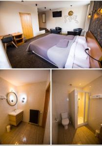 two pictures of a hotel room with a bed and a bathroom at Hotel L'Escapade in Balâtre