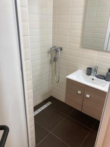 a bathroom with a shower and a sink at Roland Apartment Downtown - Keleti in Budapest