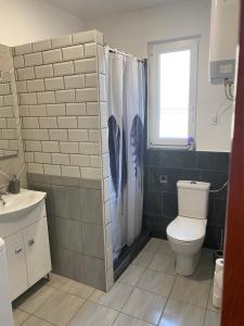 baño con aseo y lavabo y ventana en Jóleső Pihenő, en Inárcs