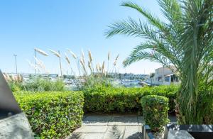 una vista de un patio con plantas y un puerto en Purple Secret Naturiste, en Cap d'Agde