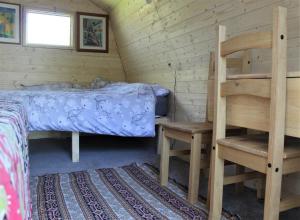 a bedroom with a bed and a ladder and a chair at Rum Bridge 'Willows' Glamping Pod in Clare