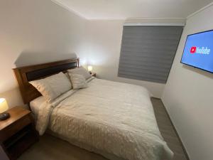 a bedroom with a bed and a flat screen tv at Pleno Centro Apart in Antofagasta