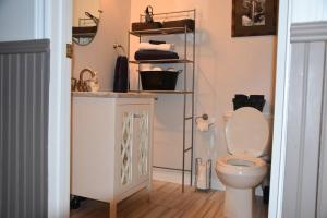La salle de bains est pourvue de toilettes blanches et d'un lavabo. dans l'établissement Cozy Grimsby Suite w/ hot tub & high-speed wifi, à Grimsby