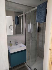 a bathroom with a sink and a shower at Southwell Home Stay in Southwell