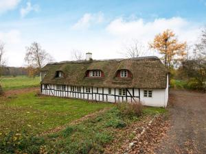 una casa antigua con techo de paja en un campo en 15 person holiday home in Hundslund, en Hundslund