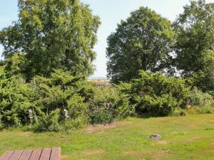 Oddeにある8 person holiday home in Hadsundの木の背景の畑のベンチ