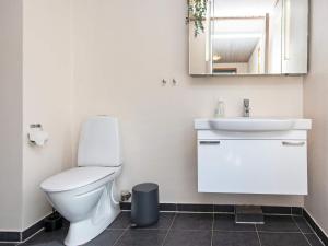 bagno con servizi igienici, lavandino e specchio di 4 person holiday home in B rkop a Børkop