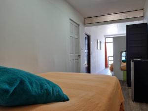 um quarto com uma cama com uma almofada verde em Casa Bajo Congo em Colón