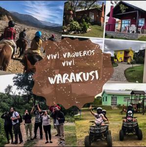 a collage of photos with people riding horses and a sign at Casitas de Campo Wara kusi in Vaqueros