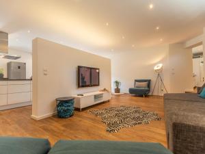 a living room with a couch and a tv on a wall at Studio 7 in Niedernsill