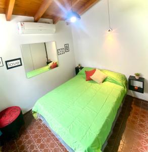 a bedroom with a green bed and a mirror at Hermosa Casa en el corazón de Chacras de Coria in Chacras de Coria