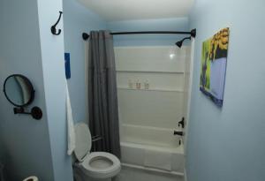 uma casa de banho com um WC e um chuveiro em Pentagon Suites em Indian Head