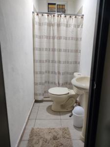 een badkamer met een toilet en een douchegordijn bij Casa equipada Cd Valles in Ciudad Valles