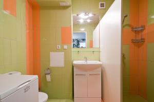 a bathroom with a sink and a mirror at Abariaus Apartamentai in Druskininkai