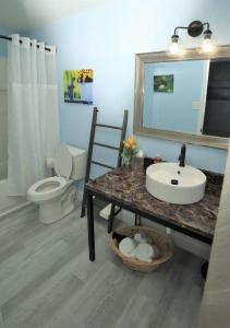 uma casa de banho com um lavatório, um WC e um espelho. em Pentagon Suites em Indian Head