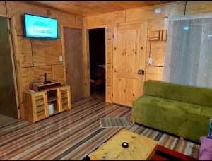 een woonkamer met een groene bank en een televisie bij Cabaña dalcahue in Dalcahue