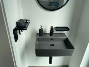 a bathroom sink with a mirror on a wall at Floating Home Nr 1a in Laboe