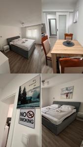 um quarto com duas camas e um sinal para não fumadores em Aleksandar em Banja Luka