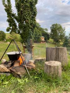 una olla sobre un fuego con un tazón encima en Biohof Kroisleitner, en Sankt Jakob im Walde
