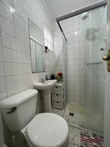 a bathroom with a toilet and a sink and a shower at Casa verde no centro de Paraty in Paraty