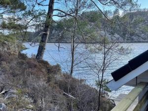 - une vue sur la rivière du côté d'un banc dans l'établissement 6 person holiday home in Rubbestadneset, à Rubbestadneset