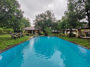 a blue swimming pool with chairs and trees at SaffronStays Mango Huts by the River, Pali in Jambhulpāda