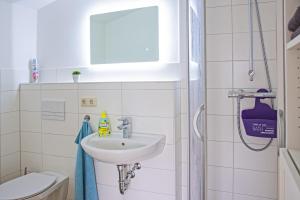 a bathroom with a sink and a toilet at Gästehaus Lehmann in Schönfeld