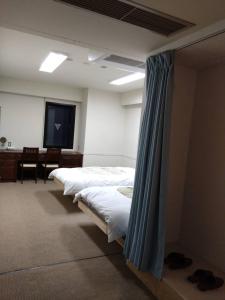 a room with two beds and a television in it at Guest House Ichiyama Shukuba in Matsumoto