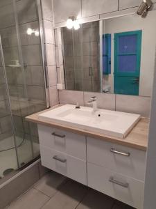 a bathroom with a sink and a glass shower at apartment near the Breton coast 5 Location appartement près des côtes bretonnes in Saint-Brieuc