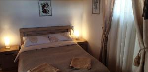 a bedroom with a bed with two lamps on two tables at Kikety Paradise in Kiketʼi