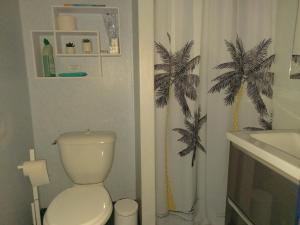 y baño con aseo, lavabo y cortina de ducha de palmera. en Charmant logement sur la station de Val Louron, en Val Louron