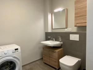 a bathroom with a washing machine and a sink at Exclusive apartment on Fehmarn in Petersdorf auf Fehmarn