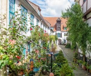an alley with flowers and plants in front of buildings at Ferienappartement Brandenburg in Flensburg