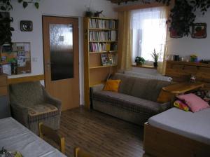 salon z 2 kanapami i półką na książki w obiekcie Apartment Marie w mieście Jáchymov