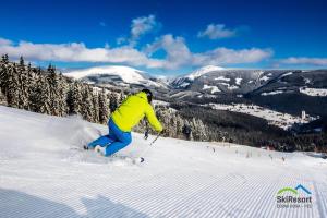 osoba jeździ na nartach po pokrytym śniegiem stoku w obiekcie Horský hotel Žižkova bouda w mieście Pec pod Sněžkou