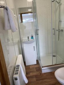 a bathroom with a shower and a sink at Holly Cabin with Hot Tub in York