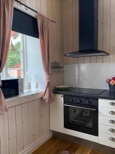 a kitchen with a stove top oven next to a window at Bo i egen stuga på härlig ölandsgård in Köpingsvik