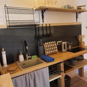 eine Küche mit einer Spüle und einer Theke mit Küchenutensilien in der Unterkunft Astroturystyka BYSTRE 2 in Bystre