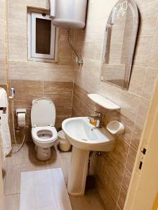 a bathroom with a toilet and a sink and a mirror at شقة مفروشة فاخرة مطلة على كورنيش النيل المعادي بالطابق 23 in Cairo