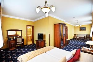 a hotel room with a bed and a television at Hotel Eger & Park in Eger